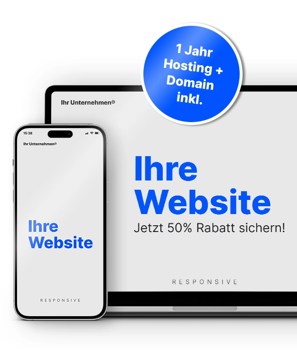Mockup einer responsiven Website-Darstellung auf Smartphone und Desktop mit hervorgehobenem Rabatt-Störer: 50 % Rabatt